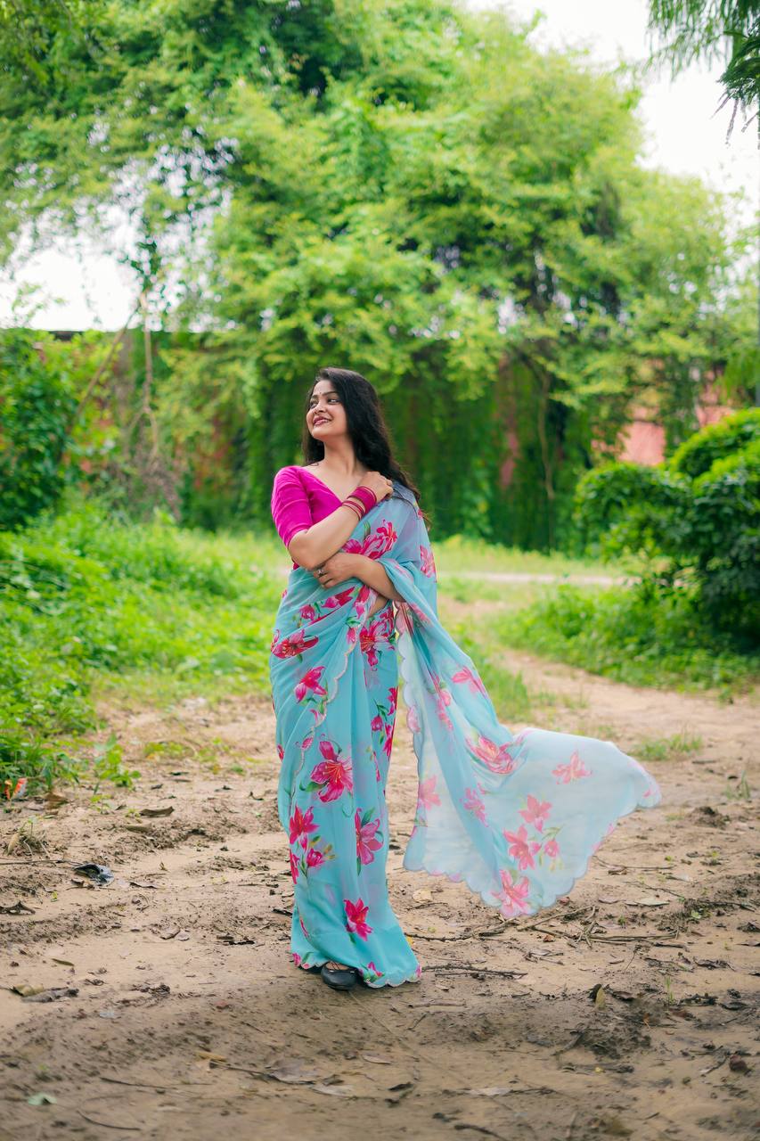 Teeya Creation Sky Blue Color Faux Georgette Digital Print Saree - Distacart