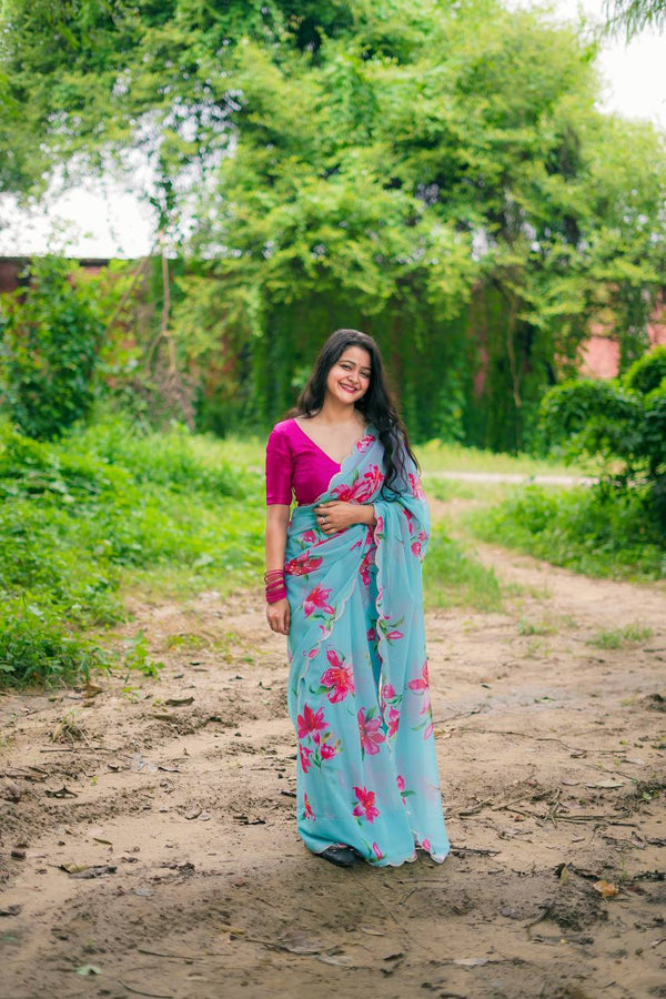 Teeya Creation Sky Blue Color Faux Georgette Digital Print Saree - Distacart