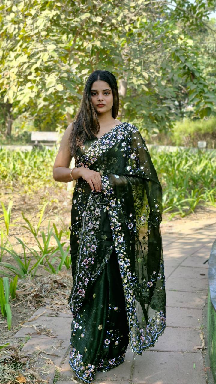 Teeya Creation Green Color Burberry Silk Embroidery Work Saree - Distacart