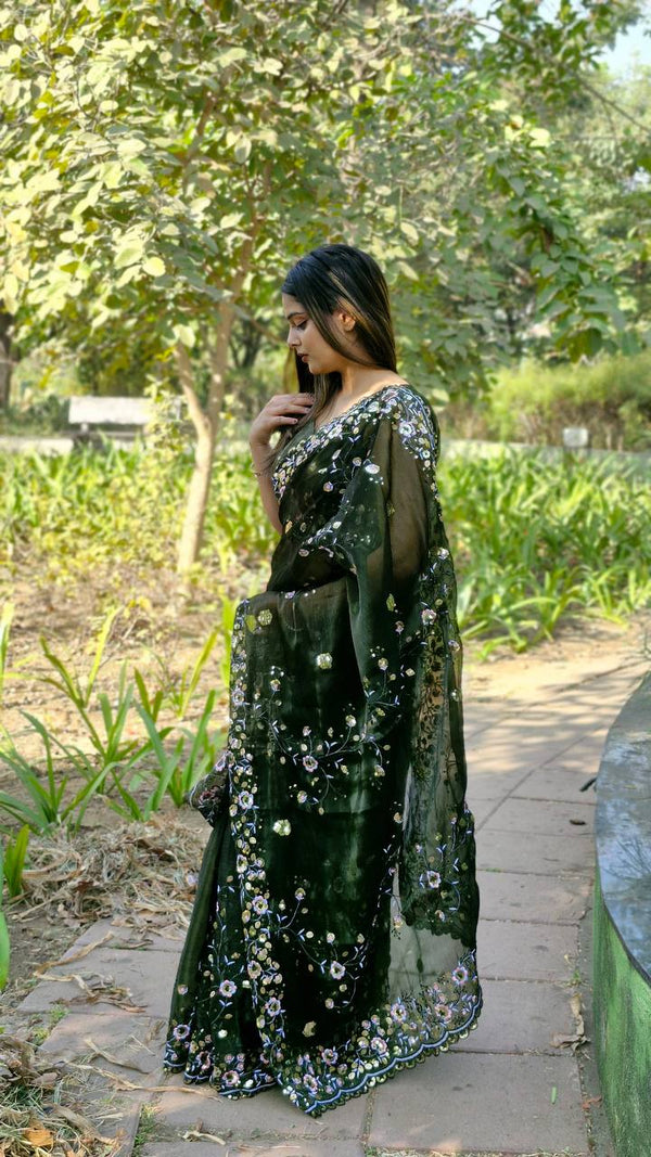Teeya Creation Green Color Burberry Silk Embroidery Work Saree - Distacart