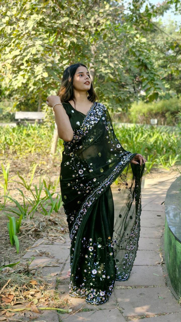 Teeya Creation Green Color Burberry Silk Embroidery Work Saree - Distacart