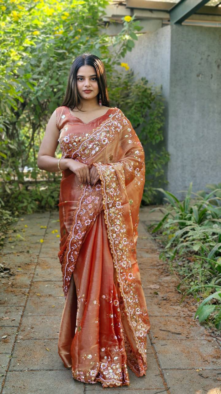 Teeya Creation Peach Color Burberry Silk Embroidery Work Saree - Distacart