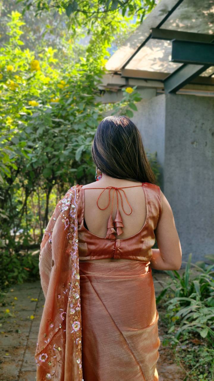 Teeya Creation Peach Color Burberry Silk Embroidery Work Saree - Distacart