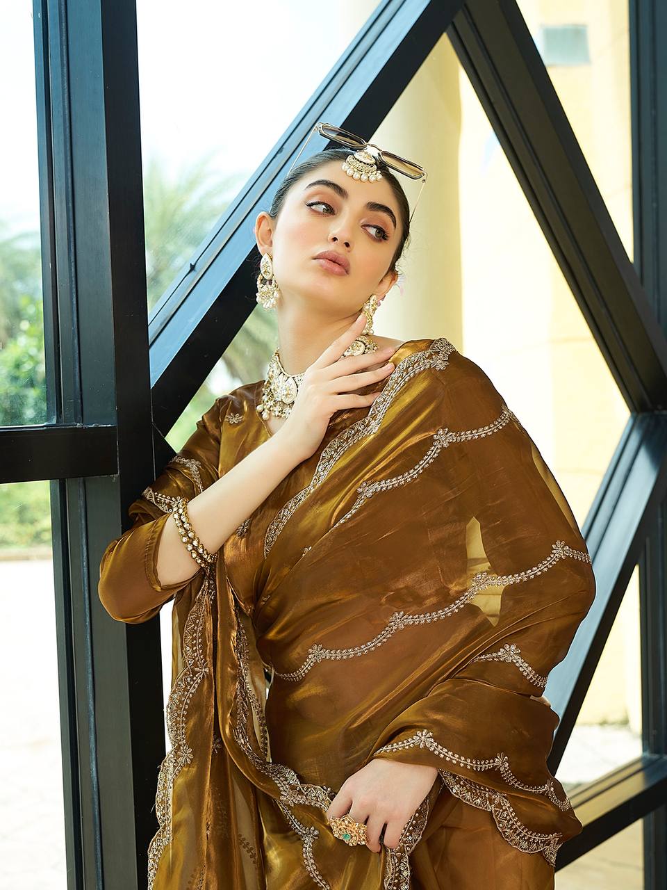 Teeya Creation Gold Color Zimichu Silk Embroidery Work Saree - Distacart