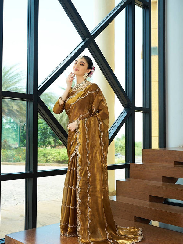 Teeya Creation Gold Color Zimichu Silk Embroidery Work Saree - Distacart