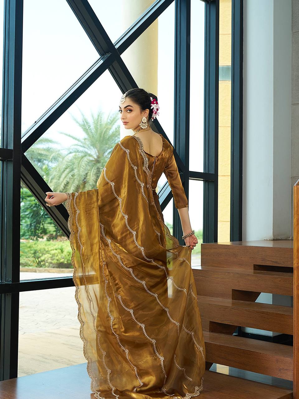 Teeya Creation Gold Color Zimichu Silk Embroidery Work Saree - Distacart