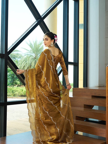 Teeya Creation Gold Color Zimichu Silk Embroidery Work Saree - Distacart
