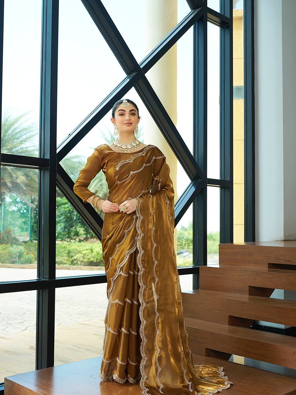Teeya Creation Gold Color Zimichu Silk Embroidery Work Saree - Distacart