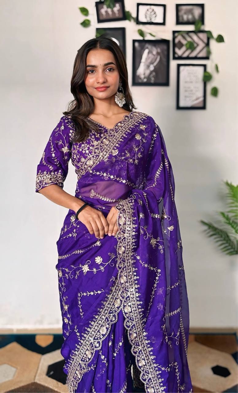 Teeya Creation Purple Color Tabby Silk Embroidery Work Saree - Distacart