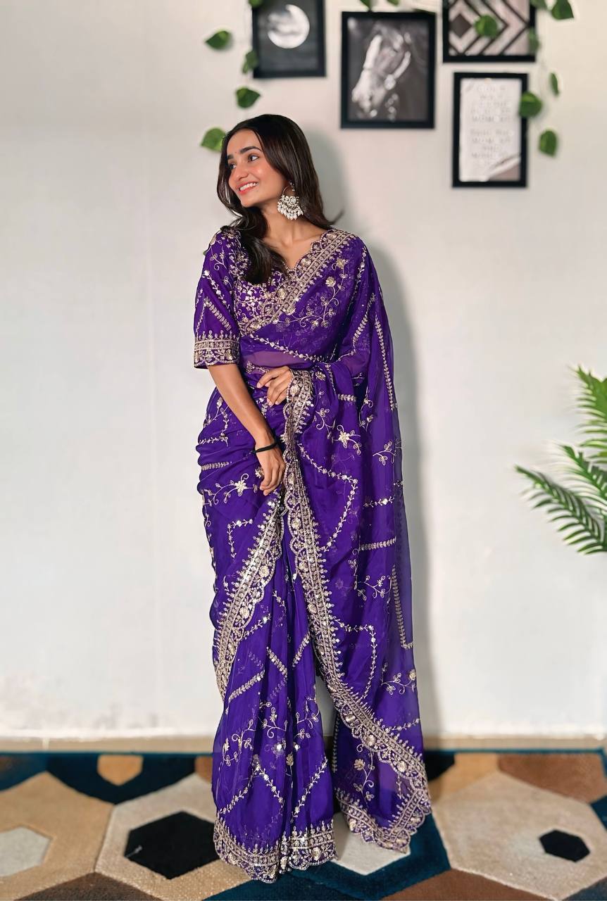 Teeya Creation Purple Color Tabby Silk Embroidery Work Saree - Distacart