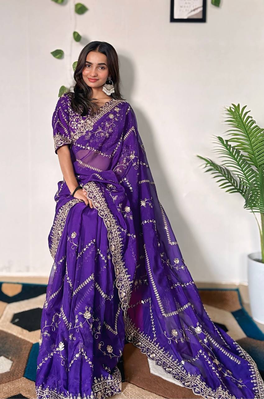 Teeya Creation Purple Color Tabby Silk Embroidery Work Saree - Distacart