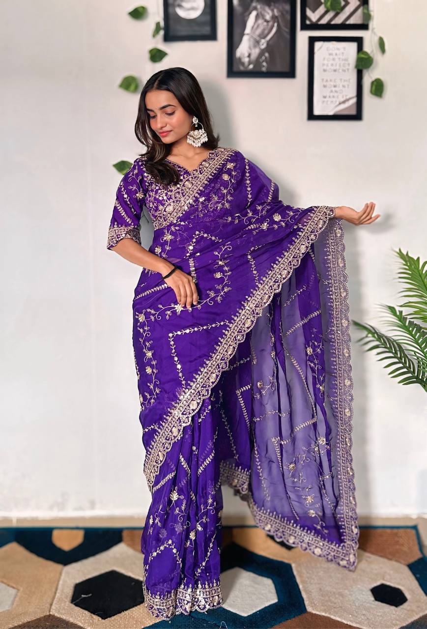 Teeya Creation Purple Color Tabby Silk Embroidery Work Saree - Distacart