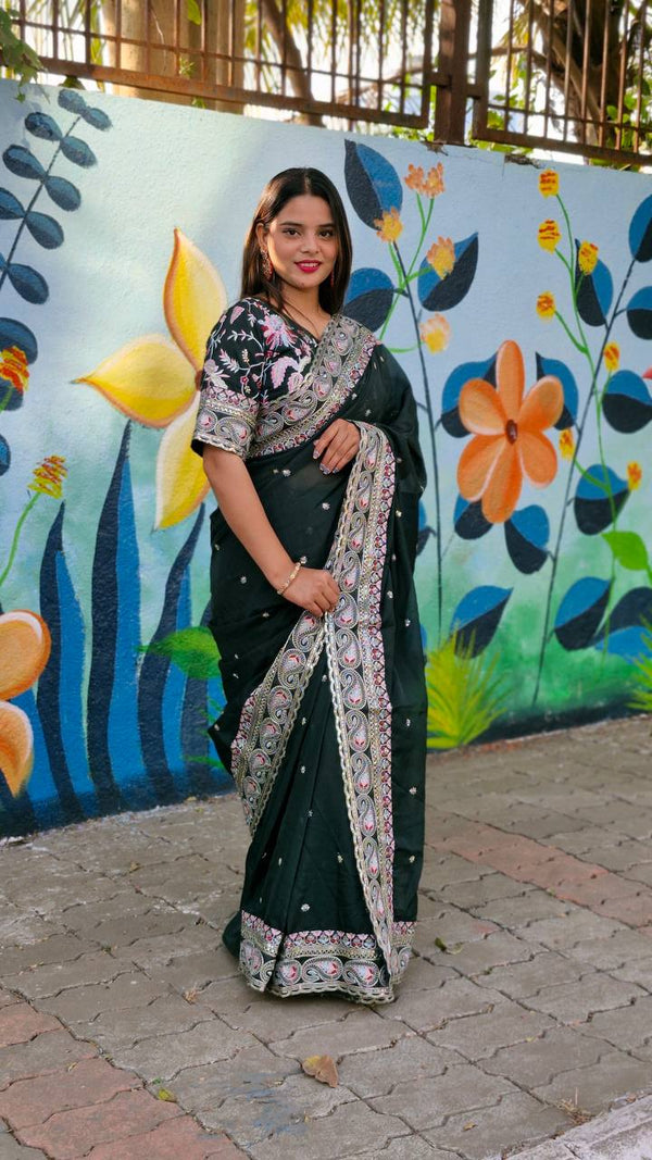 Teeya Creation Green Color Tabby Silk Embroidery Work Saree - Distacart