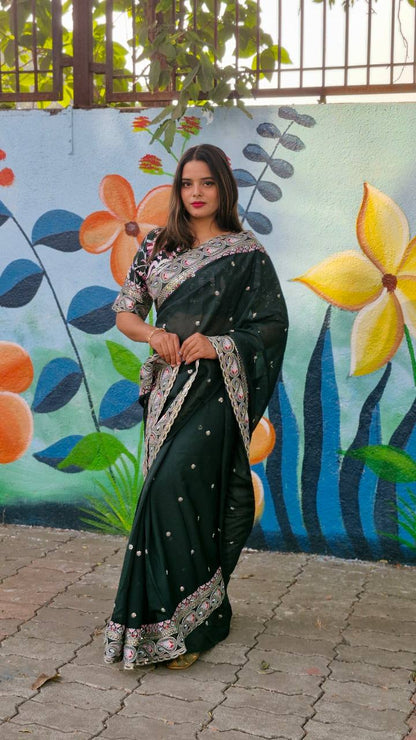 Teeya Creation Green Color Tabby Silk Embroidery Work Saree - Distacart