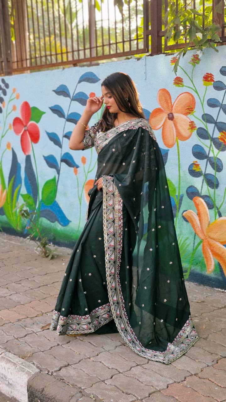 Teeya Creation Green Color Tabby Silk Embroidery Work Saree - Distacart