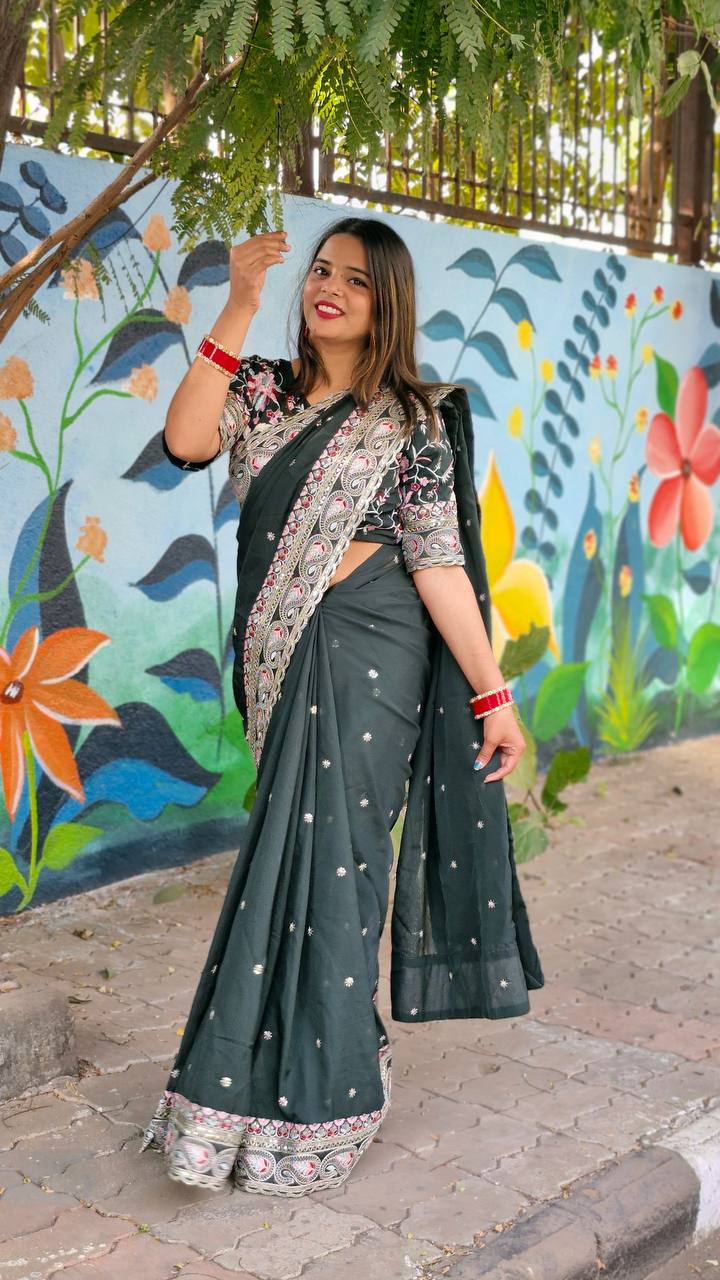 Teeya Creation Green Color Tabby Silk Embroidery Work Saree - Distacart