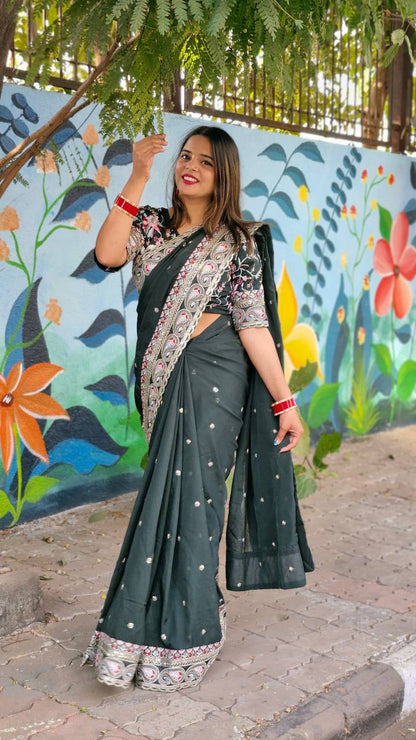 Teeya Creation Green Color Tabby Silk Embroidery Work Saree - Distacart
