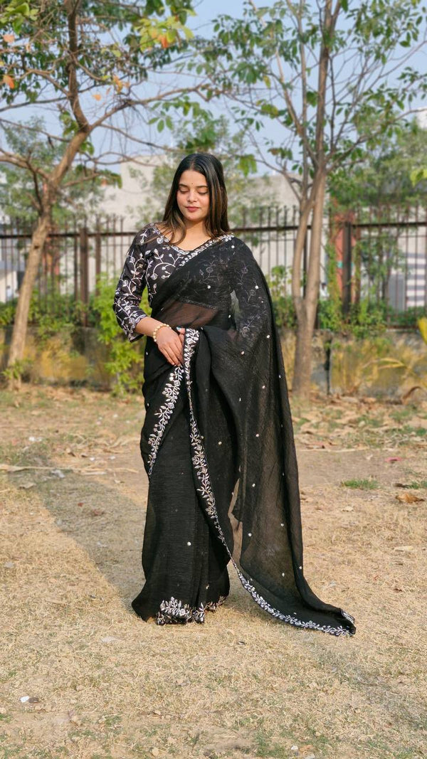 Teeya Creation Black Color Candy Crush Silk Embroidery Work Saree - Distacart