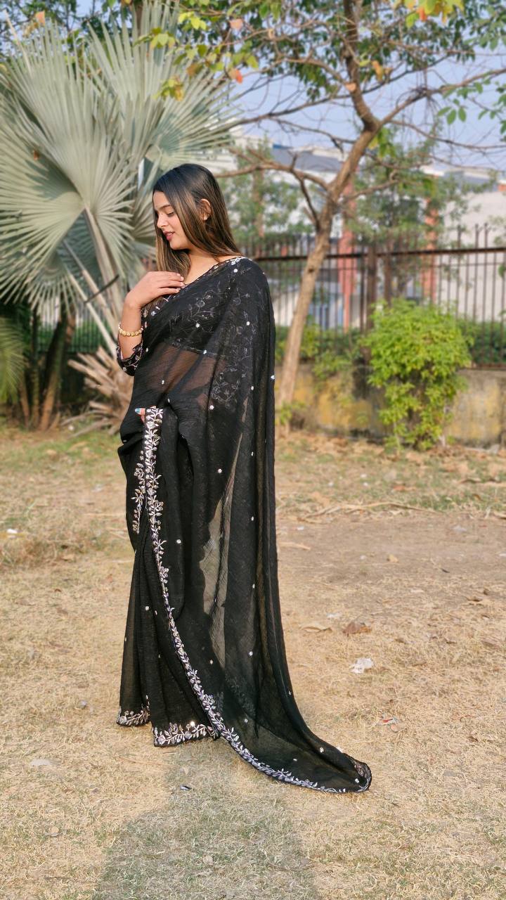 Teeya Creation Black Color Candy Crush Silk Embroidery Work Saree - Distacart