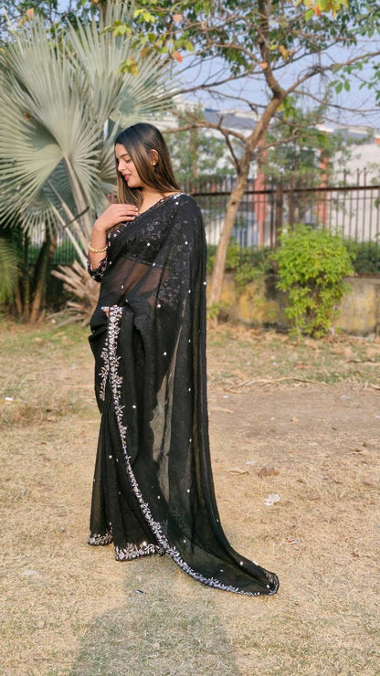 Teeya Creation Black Color Candy Crush Silk Embroidery Work Saree - Distacart