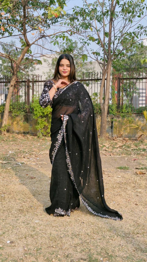 Teeya Creation Black Color Candy Crush Silk Embroidery Work Saree - Distacart