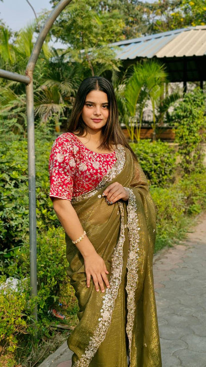 Teeya Creation Mahendi Color Candy Crush Silk Embroidery Work Saree - Distacart