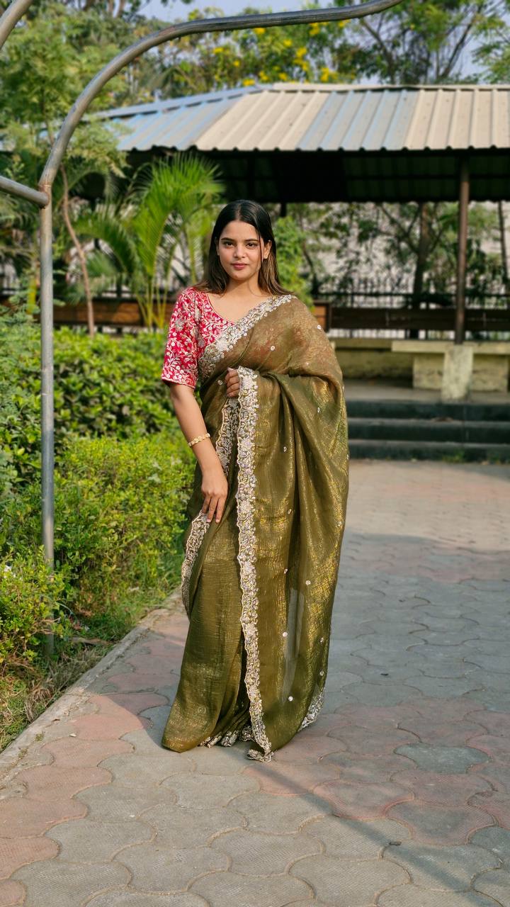 Teeya Creation Mahendi Color Candy Crush Silk Embroidery Work Saree - Distacart