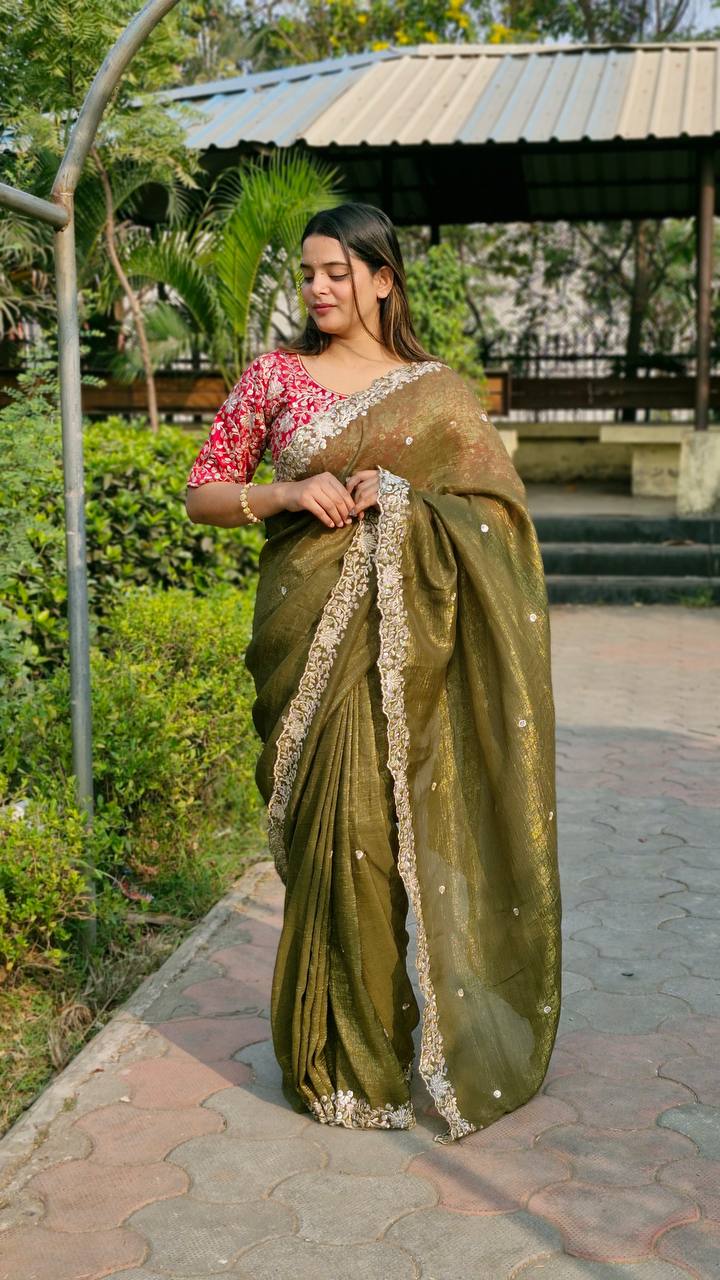 Teeya Creation Mahendi Color Candy Crush Silk Embroidery Work Saree - Distacart