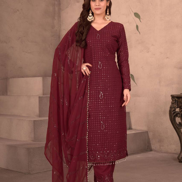 Teeya Creation Maroon Color Faux Georgette Embroidery Work Fully Stitched Salwar Suit - Distacart