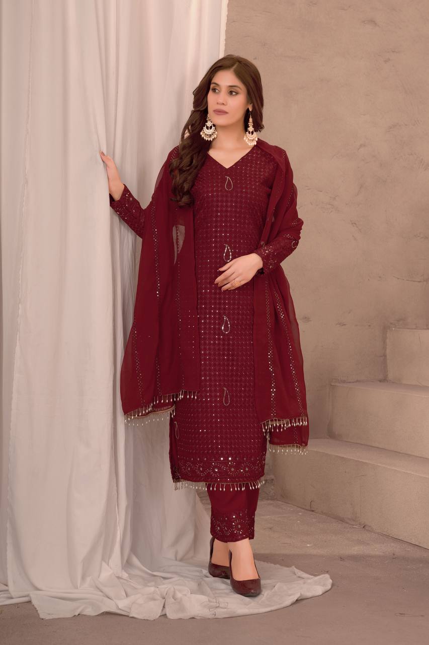 Teeya Creation Maroon Color Faux Georgette Embroidery Work Fully Stitched Salwar Suit - Distacart