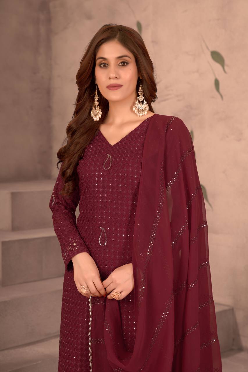 Teeya Creation Maroon Color Faux Georgette Embroidery Work Fully Stitched Salwar Suit - Distacart