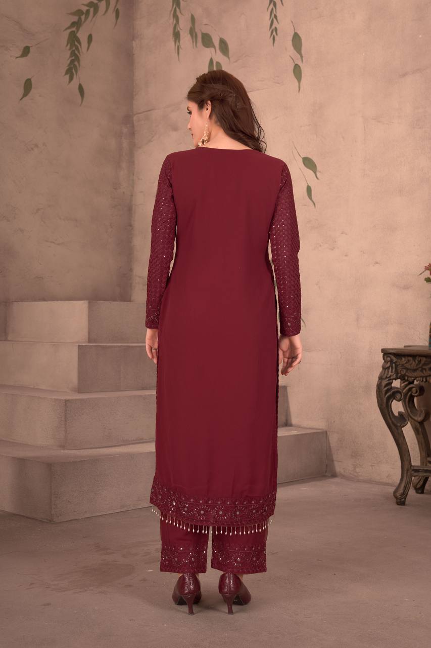 Teeya Creation Maroon Color Faux Georgette Embroidery Work Fully Stitched Salwar Suit - Distacart