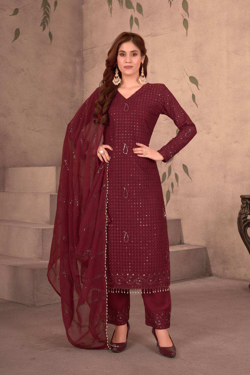Teeya Creation Maroon Color Faux Georgette Embroidery Work Fully Stitched Salwar Suit - Distacart