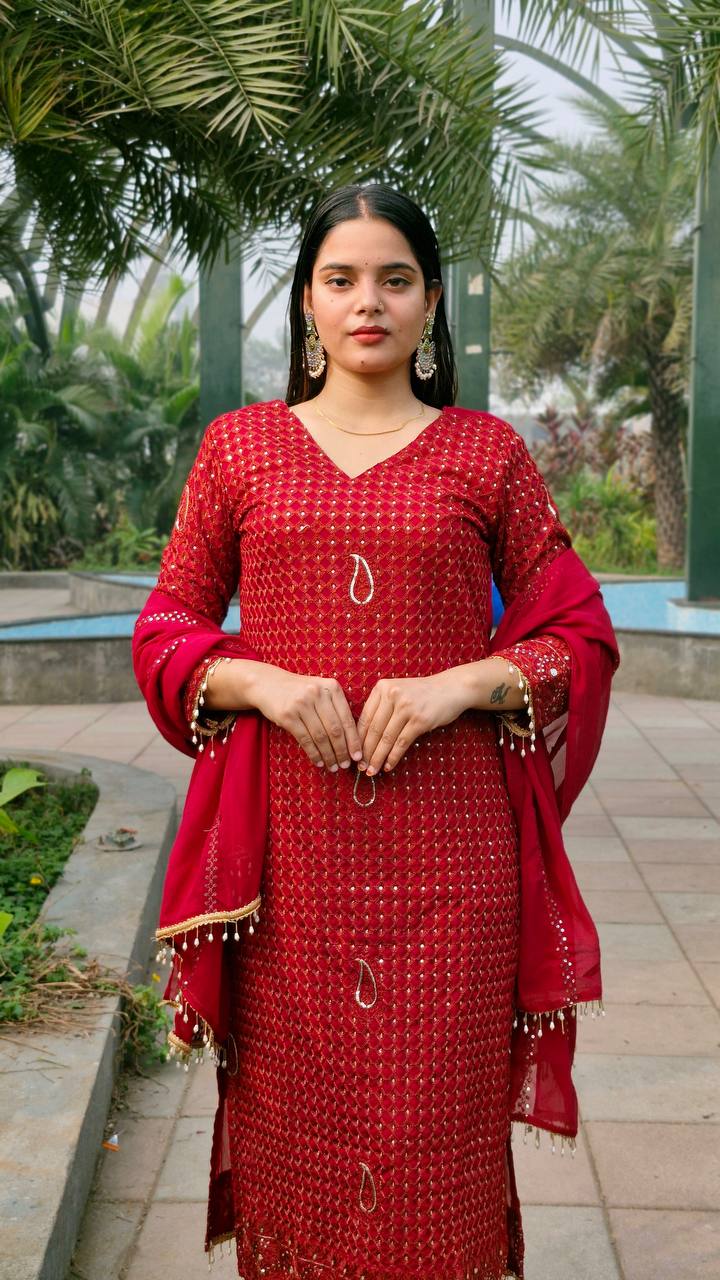 Teeya Creation Red Color Faux Georgette Embroidery Work Fully Stitched Salwar Suit - Distacart