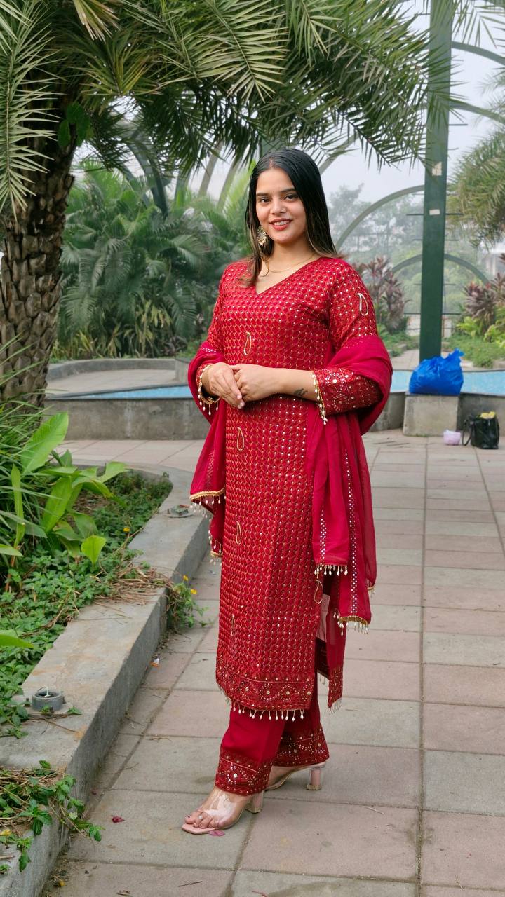 Teeya Creation Red Color Faux Georgette Embroidery Work Fully Stitched Salwar Suit - Distacart