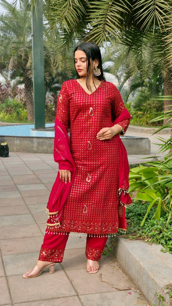 Teeya Creation Red Color Faux Georgette Embroidery Work Fully Stitched Salwar Suit - Distacart