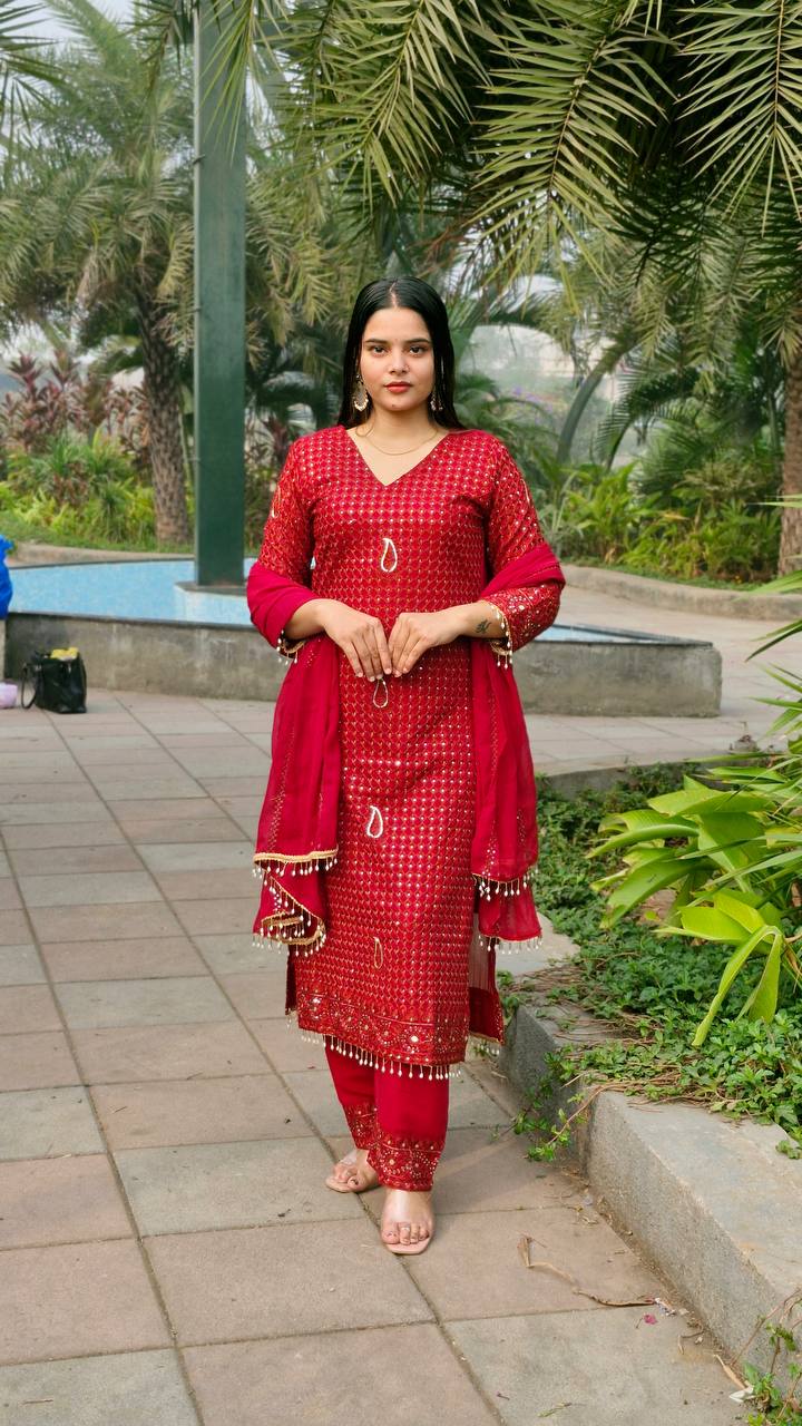 Teeya Creation Red Color Faux Georgette Embroidery Work Fully Stitched Salwar Suit - Distacart