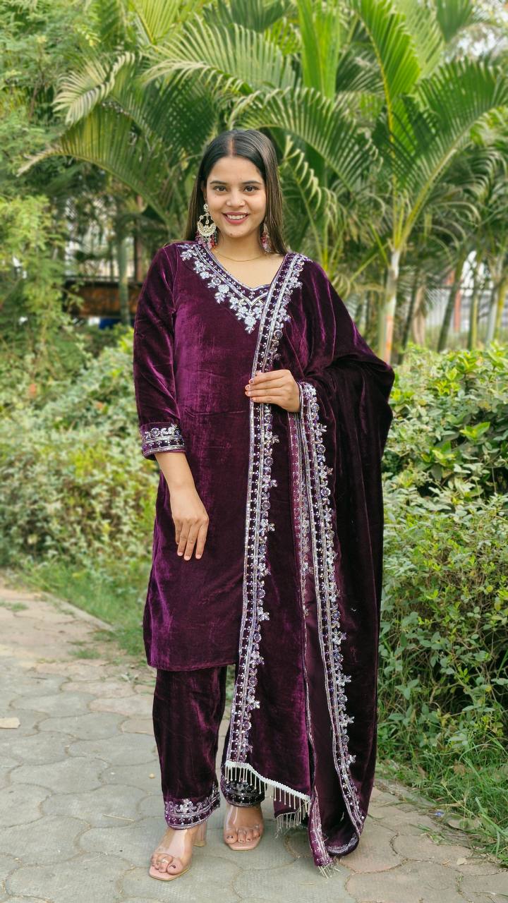 Teeya Creation Wine Color Velvet Fabric Heavy Embroidery Work Fully Stitched Salwar Suit - Distacart