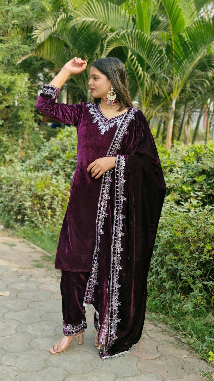 Teeya Creation Wine Color Velvet Fabric Heavy Embroidery Work Fully Stitched Salwar Suit - Distacart