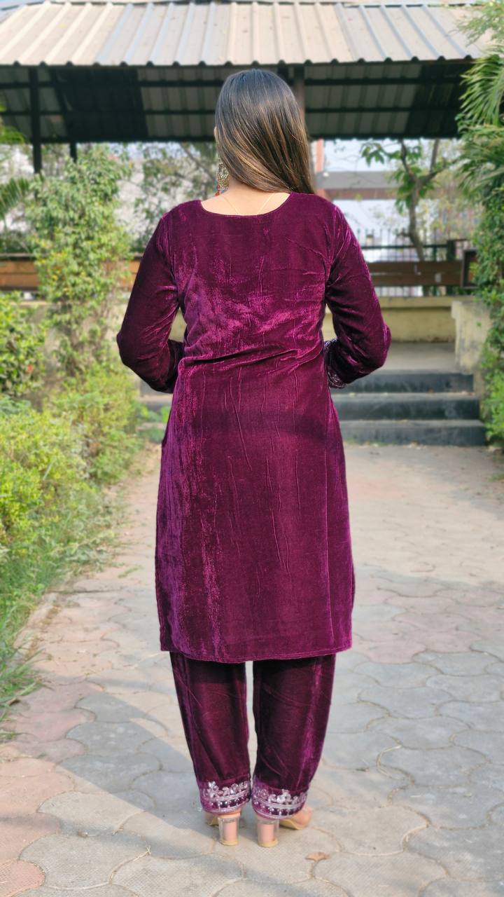 Teeya Creation Wine Color Velvet Fabric Heavy Embroidery Work Fully Stitched Salwar Suit - Distacart