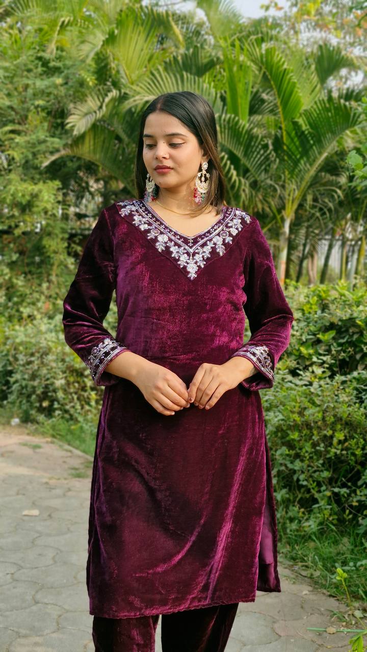 Teeya Creation Wine Color Velvet Fabric Heavy Embroidery Work Fully Stitched Salwar Suit - Distacart