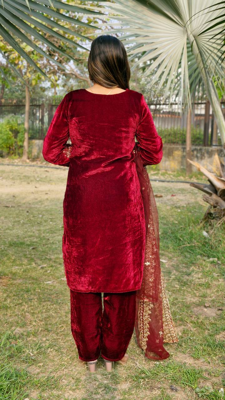 Teeya Creation Red Color Velvet Fabric Heavy Embroidery Work Fully Stitched Salwar Suit - Distacart