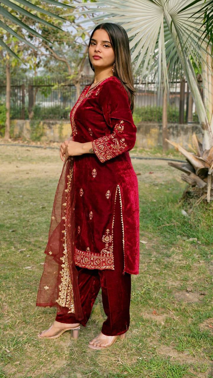 Teeya Creation Red Color Velvet Fabric Heavy Embroidery Work Fully Stitched Salwar Suit - Distacart