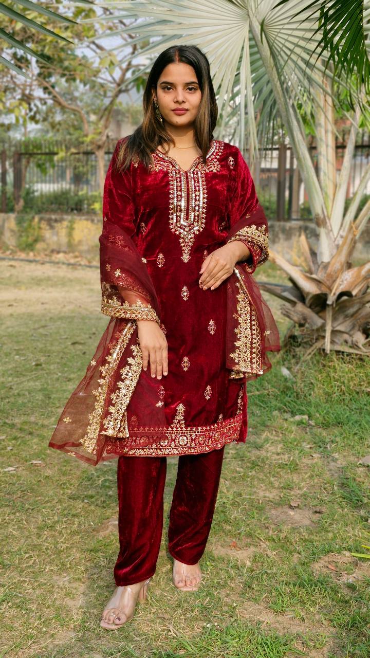 Teeya Creation Red Color Velvet Fabric Heavy Embroidery Work Fully Stitched Salwar Suit - Distacart