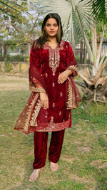 Thumbnail for Teeya Creation Red Color Velvet Fabric Heavy Embroidery Work Fully Stitched Salwar Suit - Distacart