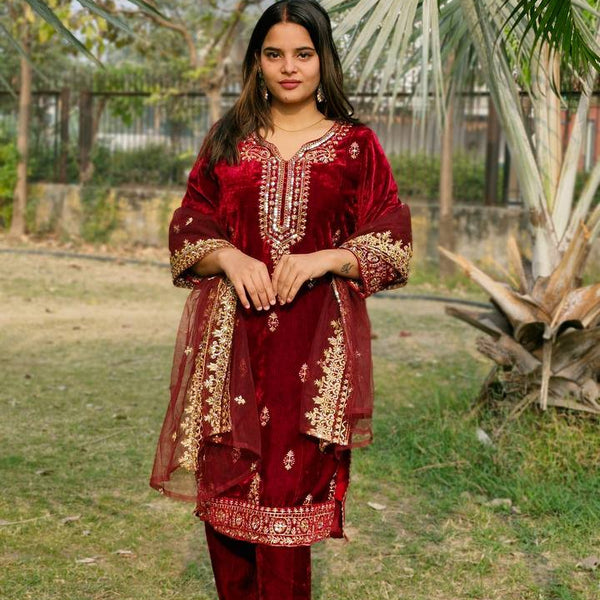 Teeya Creation Red Color Velvet Fabric Heavy Embroidery Work Fully Stitched Salwar Suit - Distacart