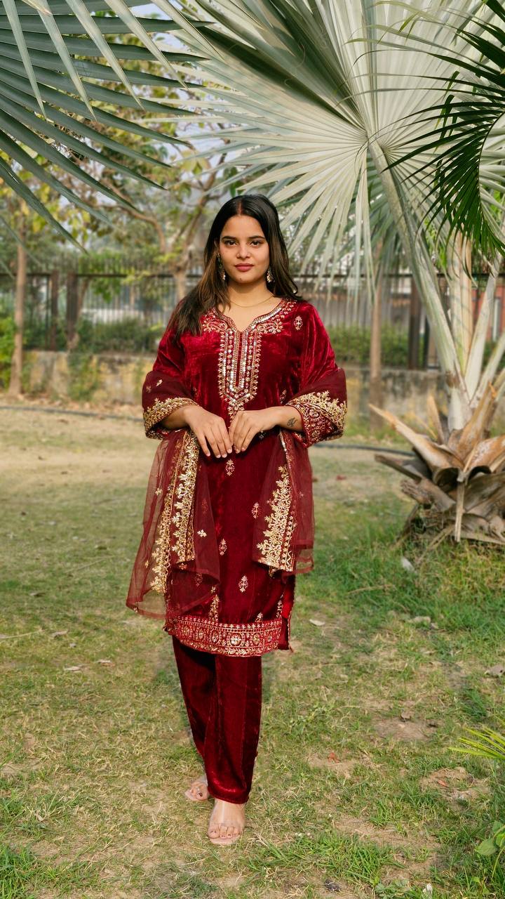 Teeya Creation Red Color Velvet Fabric Heavy Embroidery Work Fully Stitched Salwar Suit - Distacart