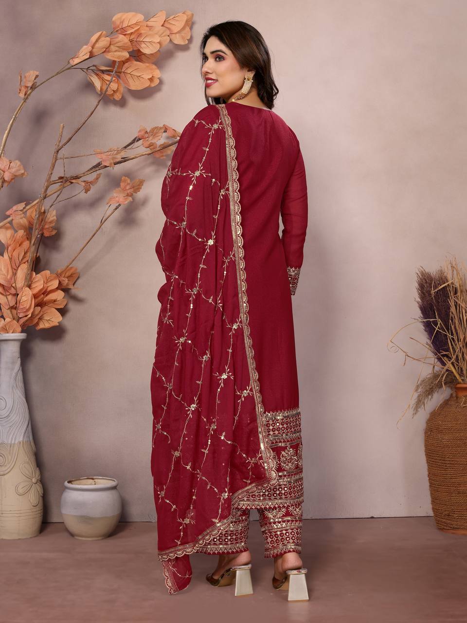 Teeya Creation Maroon Color Faux Georgette Embroidery Work Fully Stitched Salwar Suit - Distacart