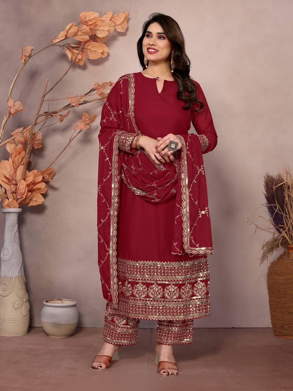 Teeya Creation Maroon Color Faux Georgette Embroidery Work Fully Stitched Salwar Suit - Distacart