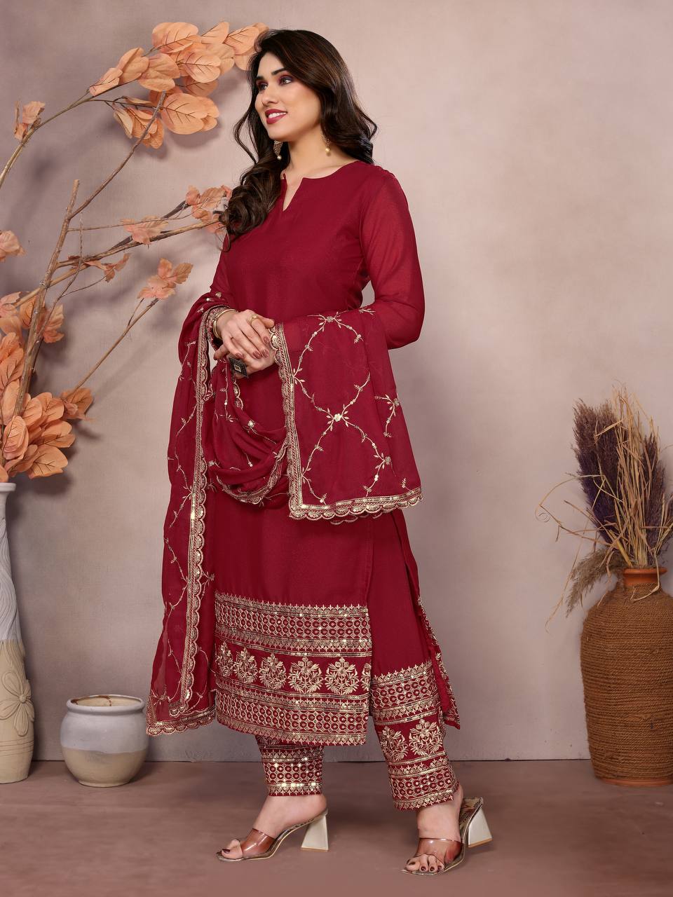 Teeya Creation Maroon Color Faux Georgette Embroidery Work Fully Stitched Salwar Suit - Distacart